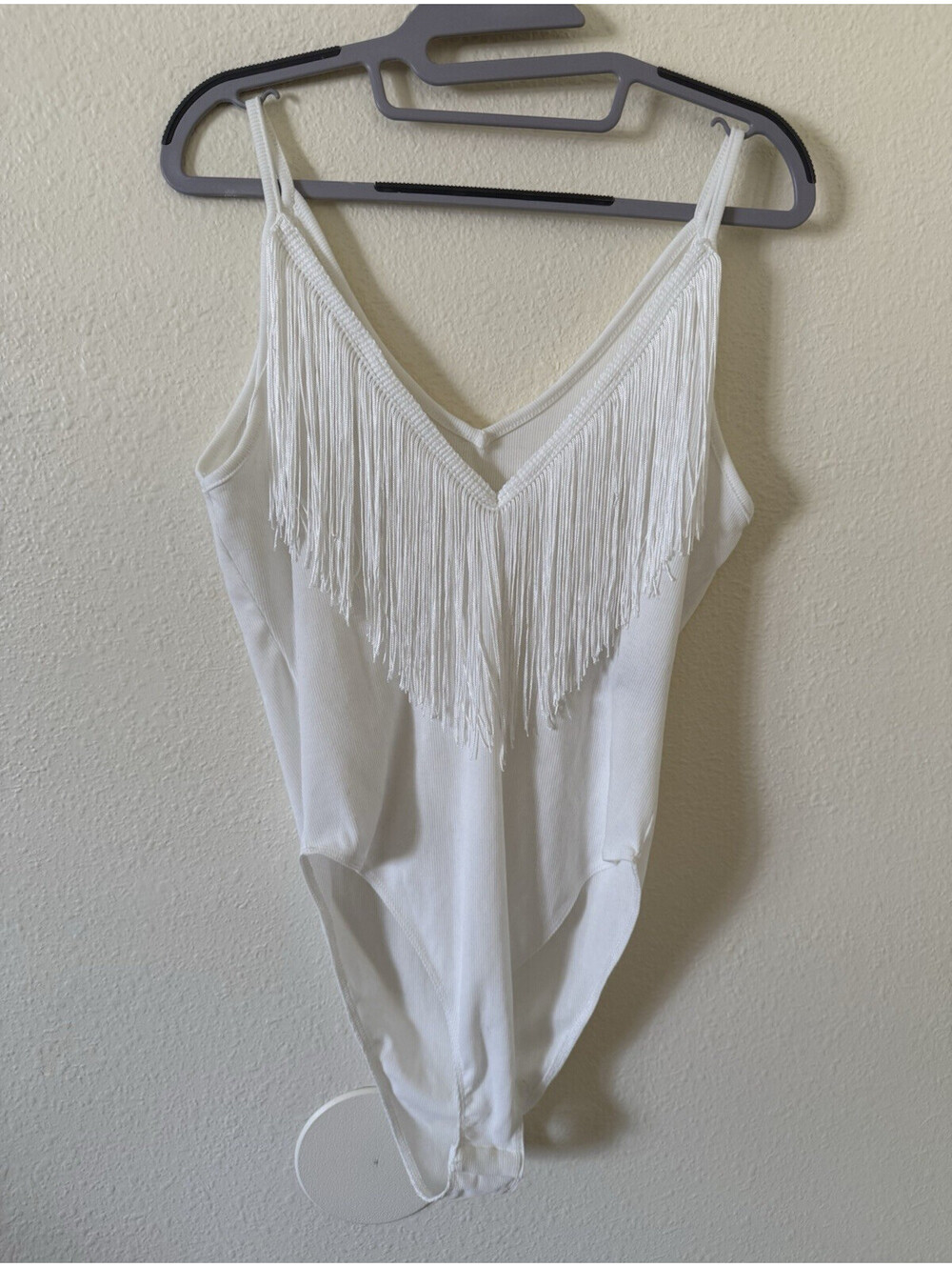 SHEIN Fringe Bodysuit Size L Creamy White V-Neck Snap Crotch Ribbed